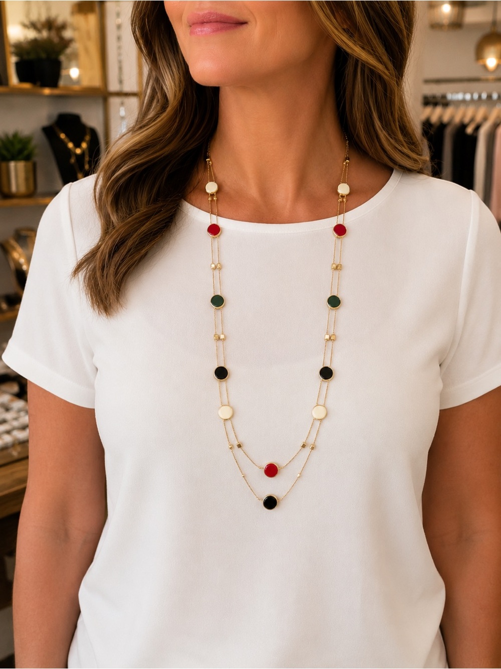 NY & Company Gold Tone Double Layer Station Necklace Red Black Ivory Enamel Bead